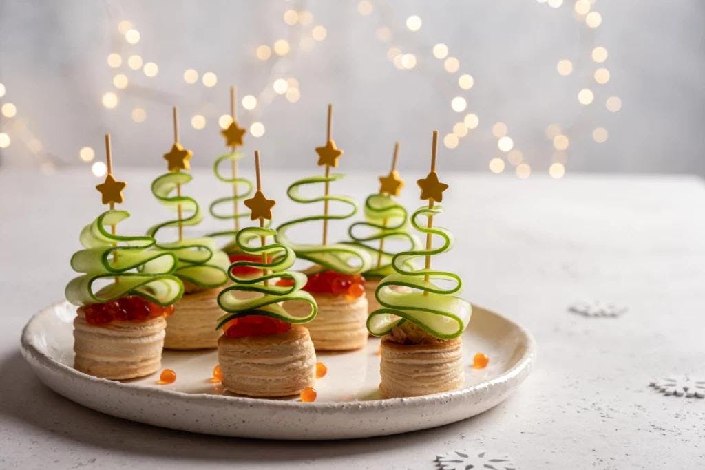 A festive plate of Christmas tree snacks, perfect for New Year's Eve celebrations.