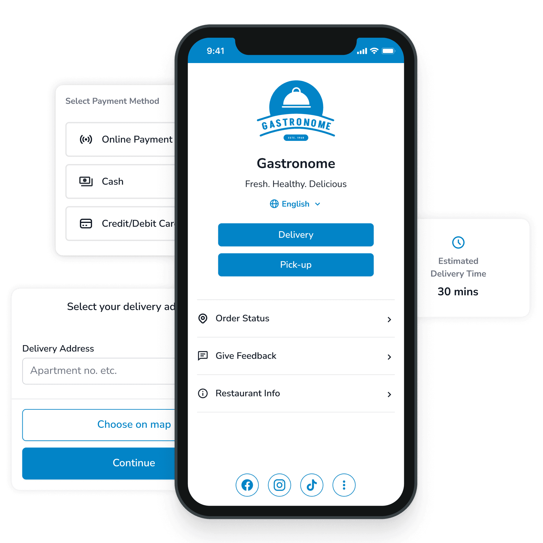 Delivery and Pickup welcome screen menu.