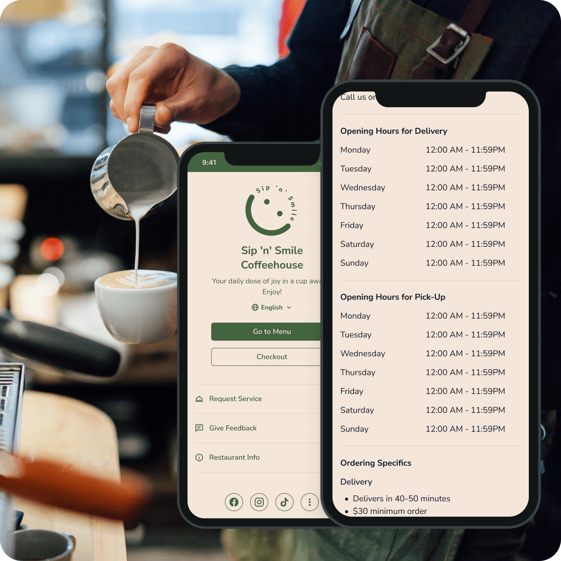 A person pouring coffee on a smartphone at Venue Settings.