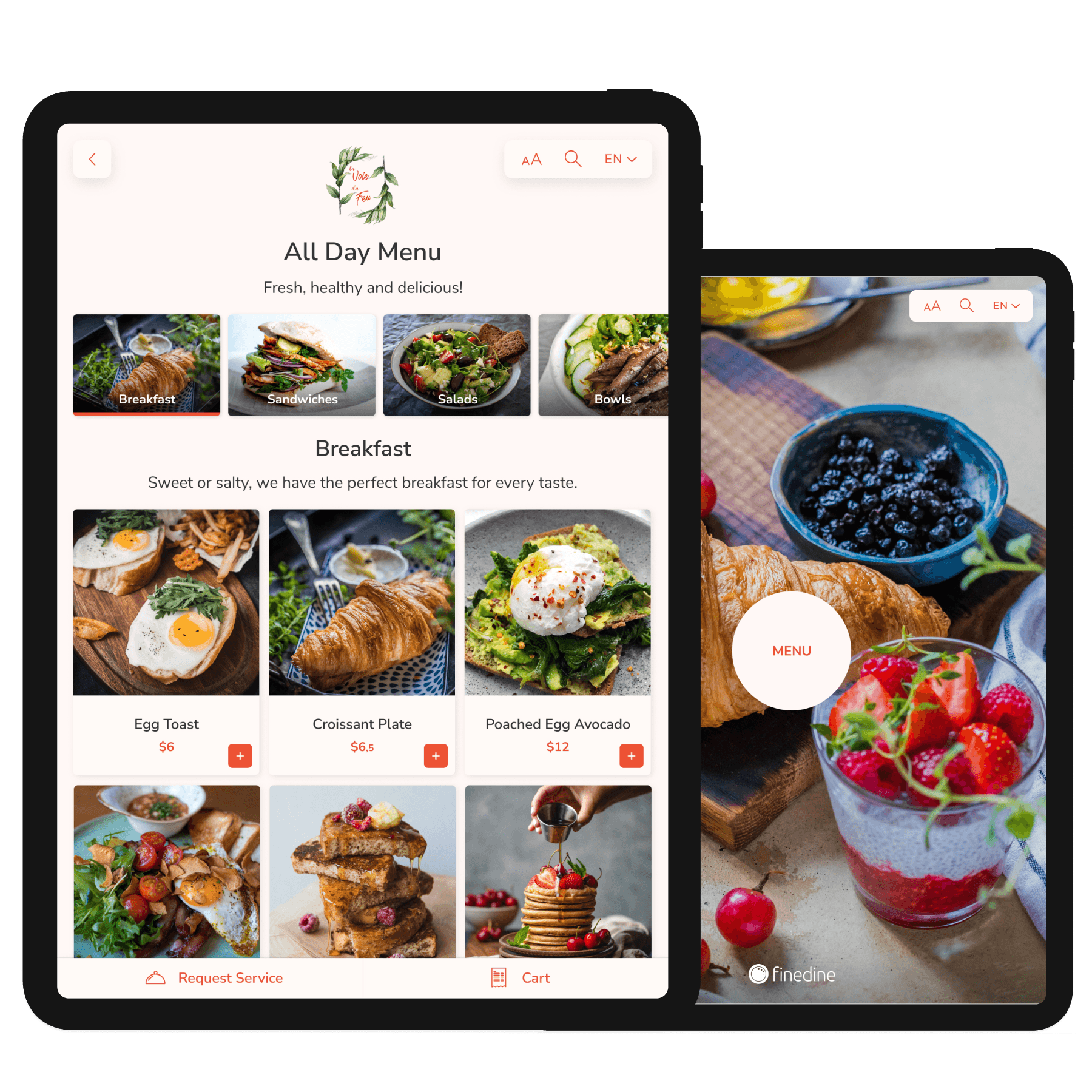 FineDine Dine-in tablet menu screen.