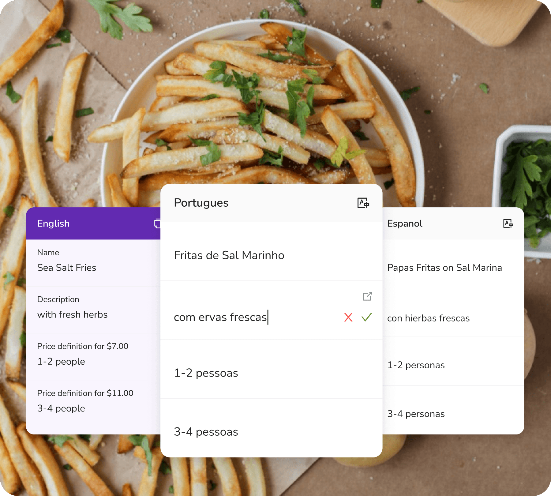 A menu screen displaying fries and other items, with support for multi-languages