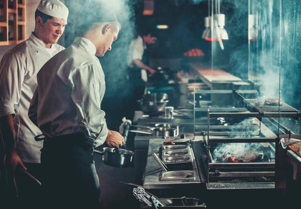 Chefs expertly cooking in a bustling restaurant kitchen, surrounded by sizzling pans and fresh ingredients.