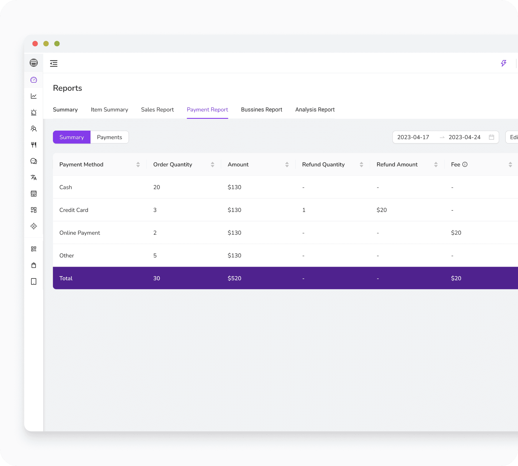 FineDine payment report page screen.