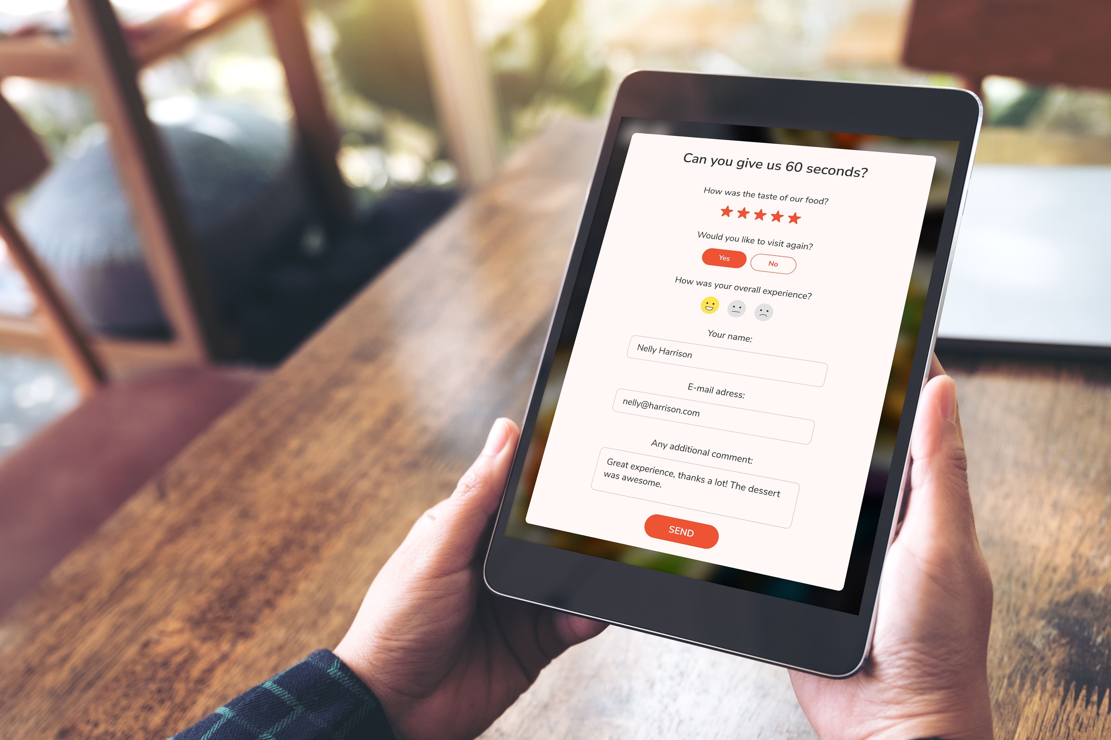 Image depicting steps to create a great customer service experience, with a focus on a restaurant survey