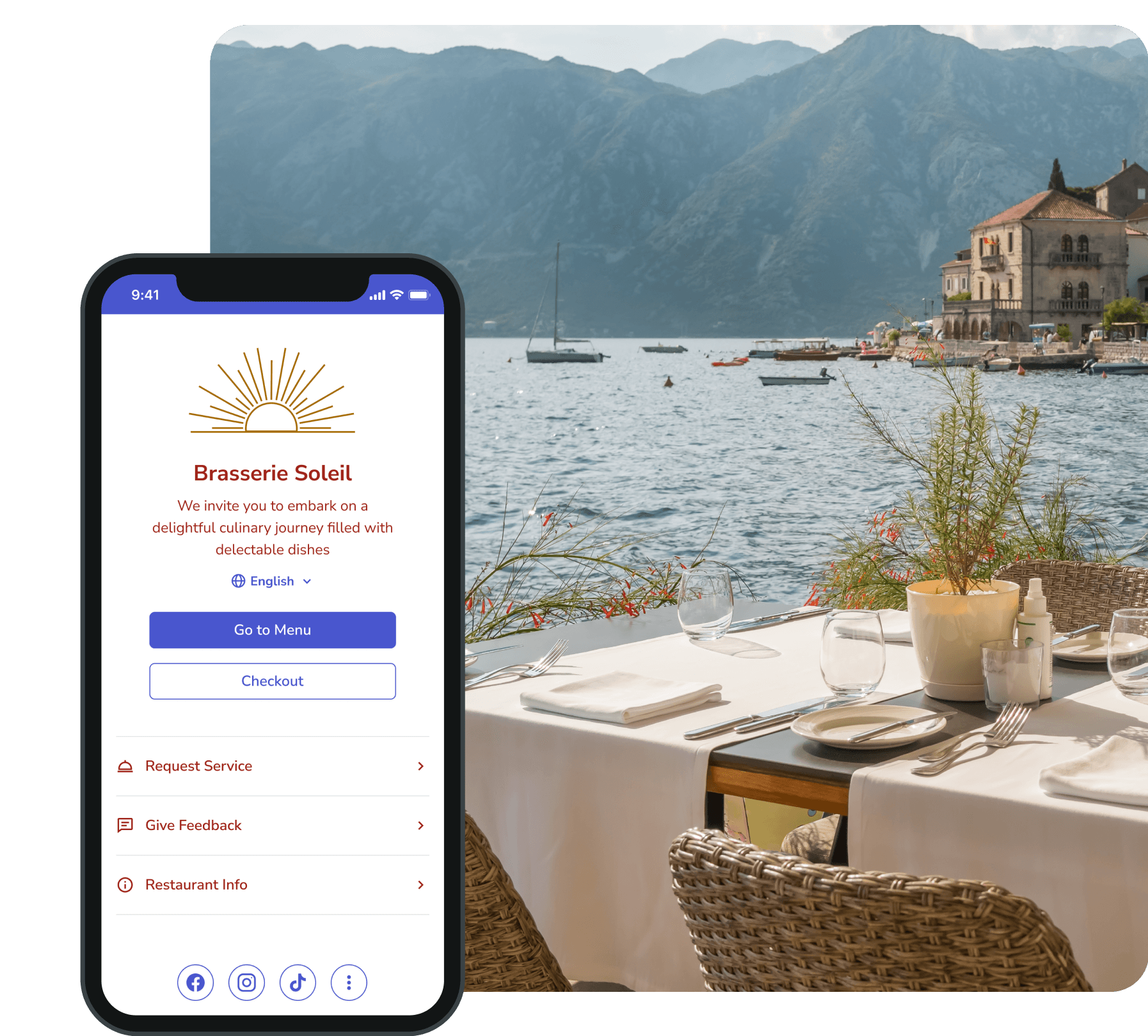 Casual dining welcome menu screen.