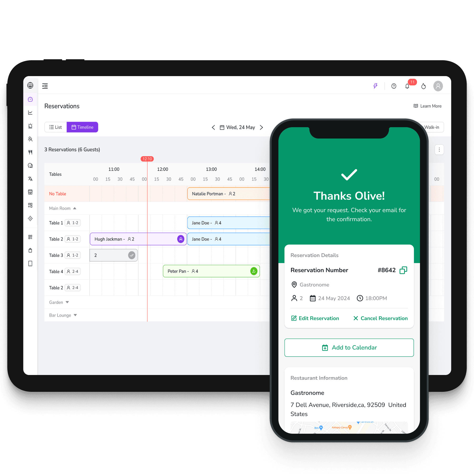 FineDine reservation management screen.