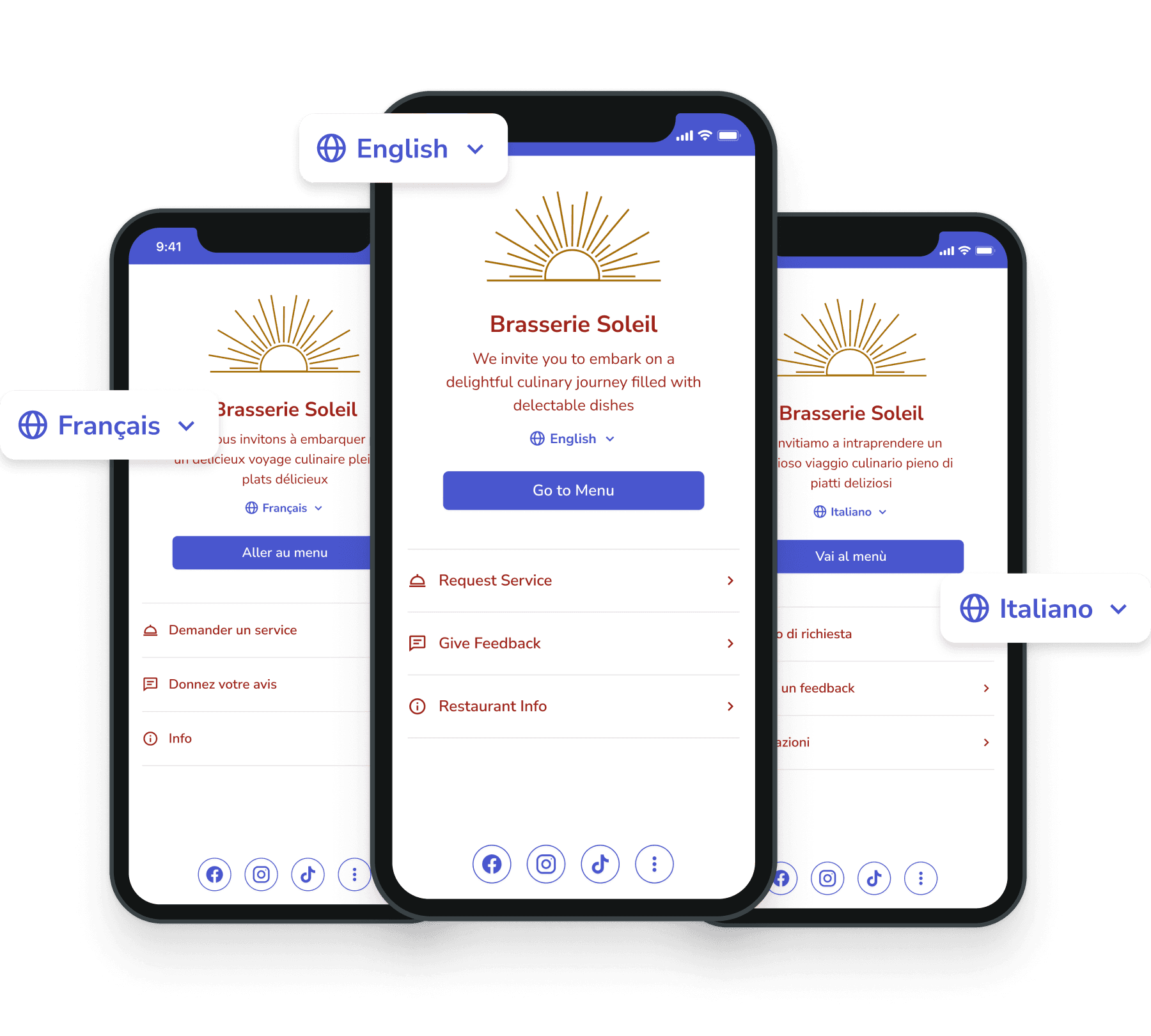 Three smartphones representing FineDine's Multiple Language Support.