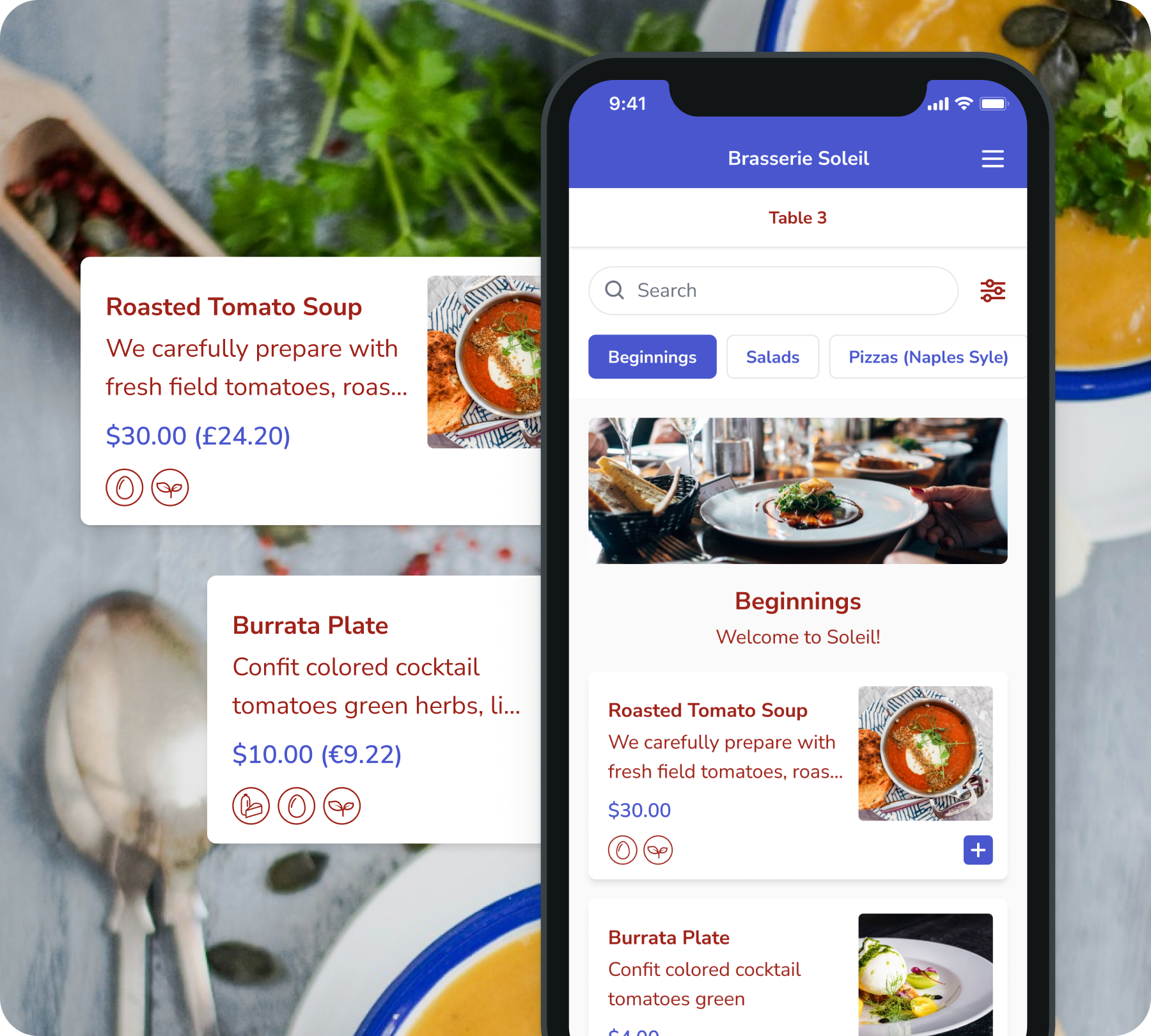 Screenshots of restaurant app with FineDine Multi-Currency Display feature.